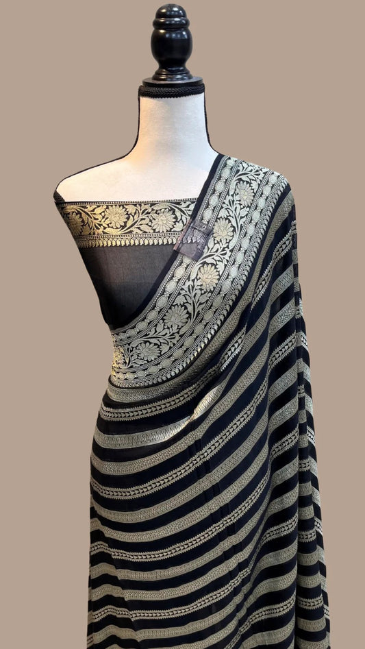 Striped Khaddi gorgette black saree - Saffronfashionindia