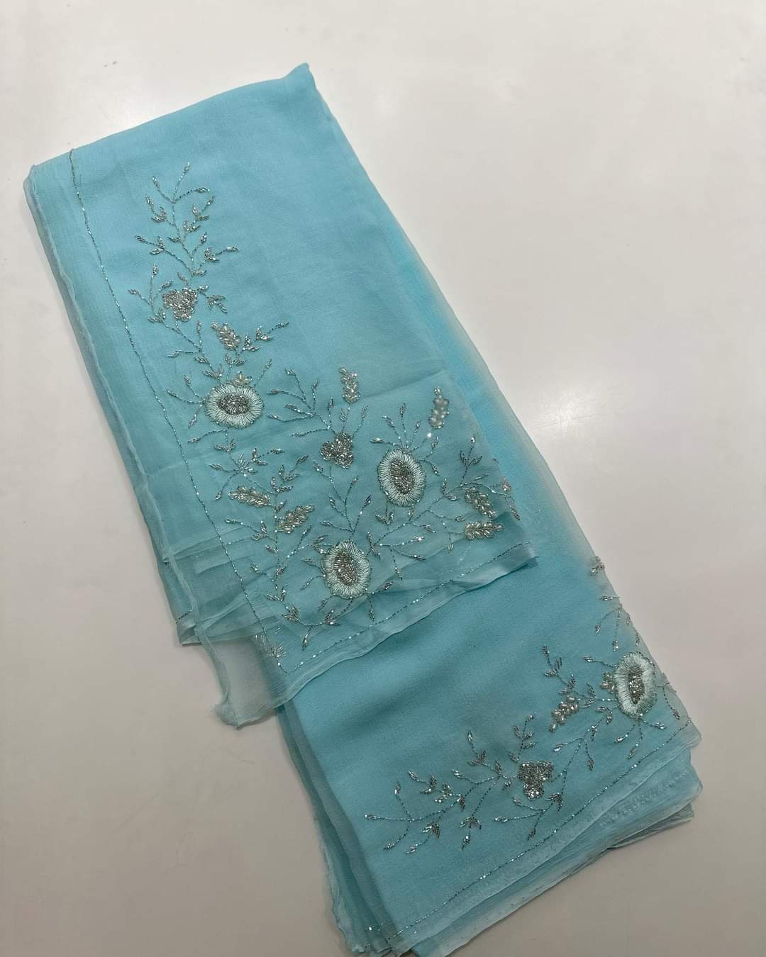 Bumisha chiffon embroidered sari - Saffronfashionindia