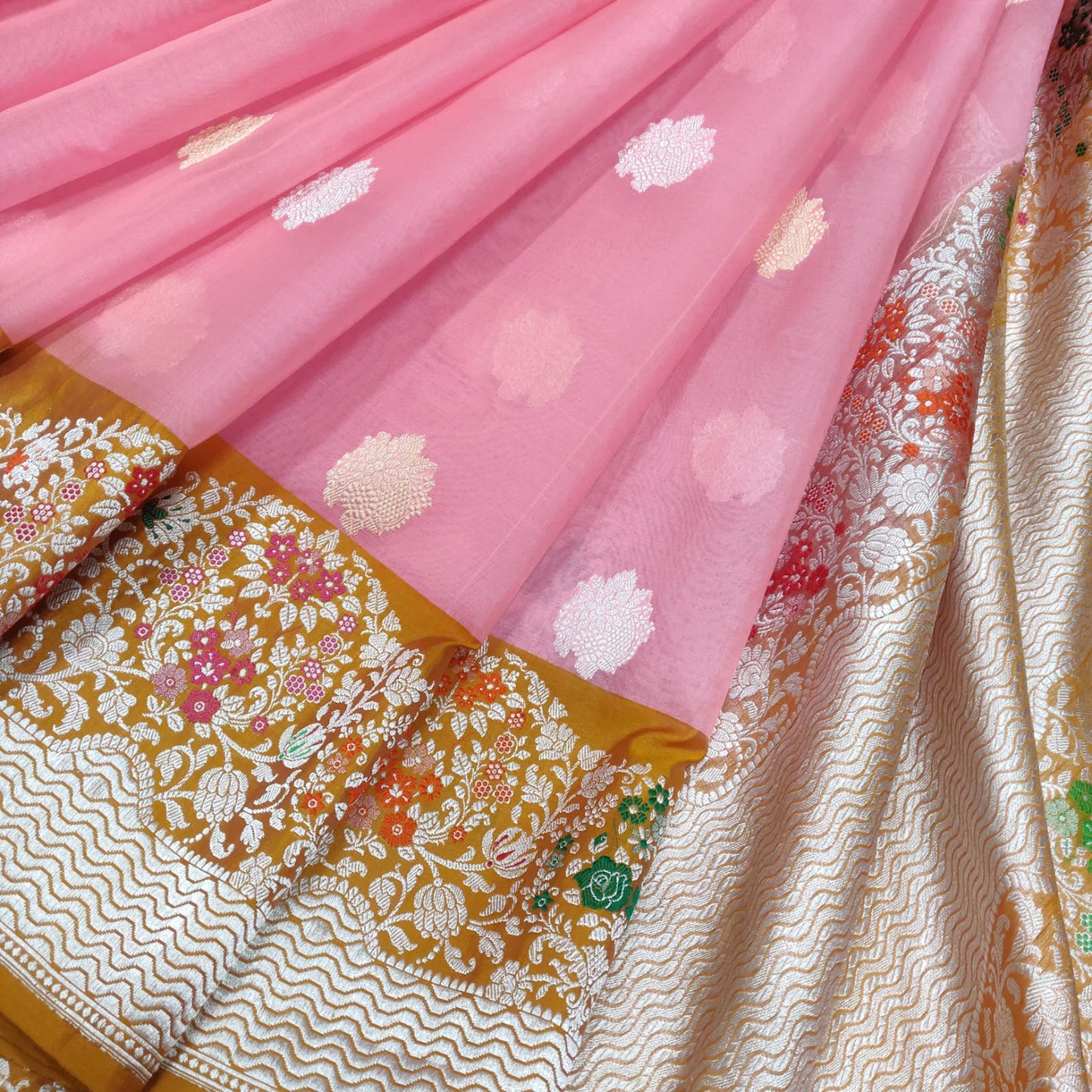 Pink kora handwoven kadwa saree - Saffronfashionindia