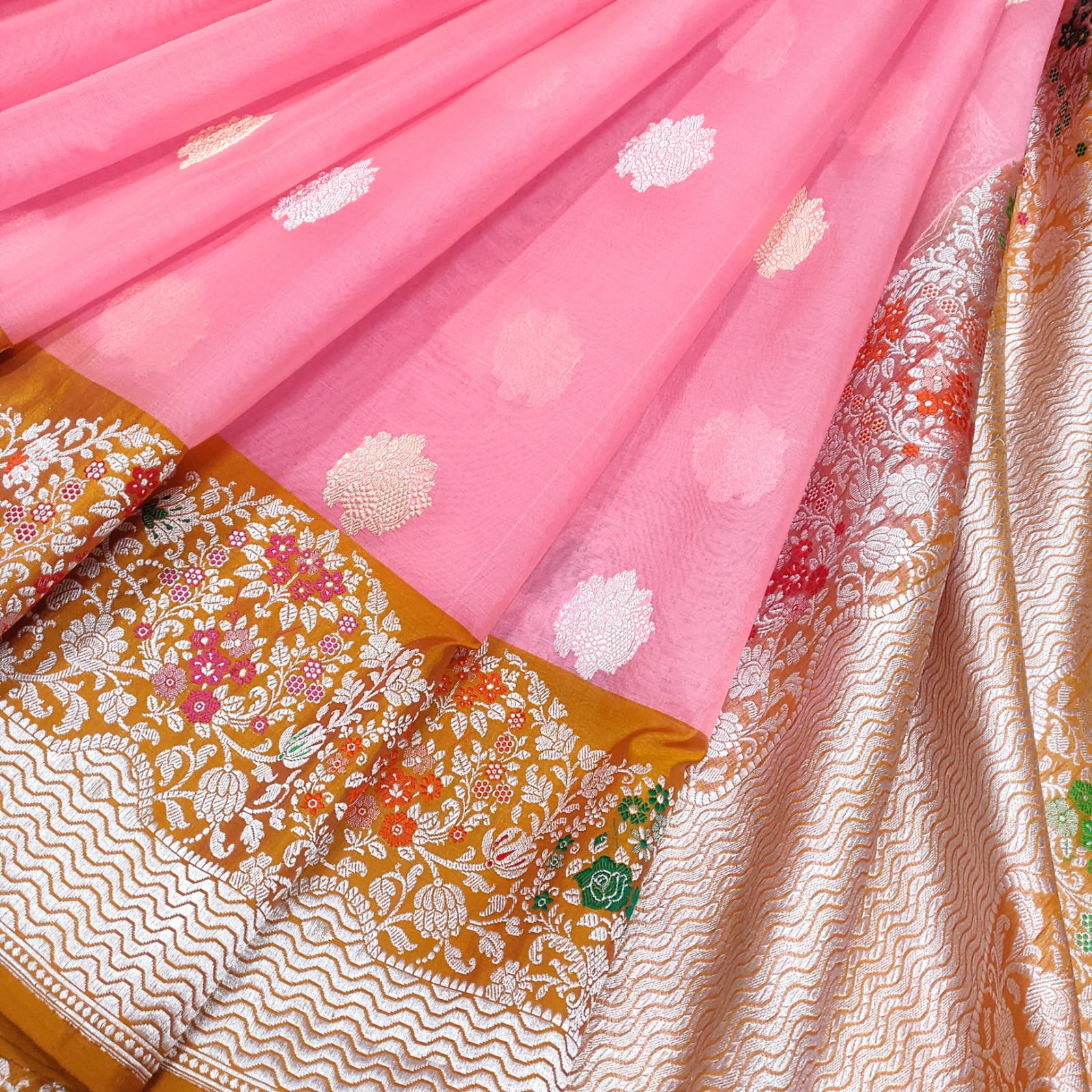Pink kora handwoven kadwa saree - Saffronfashionindia