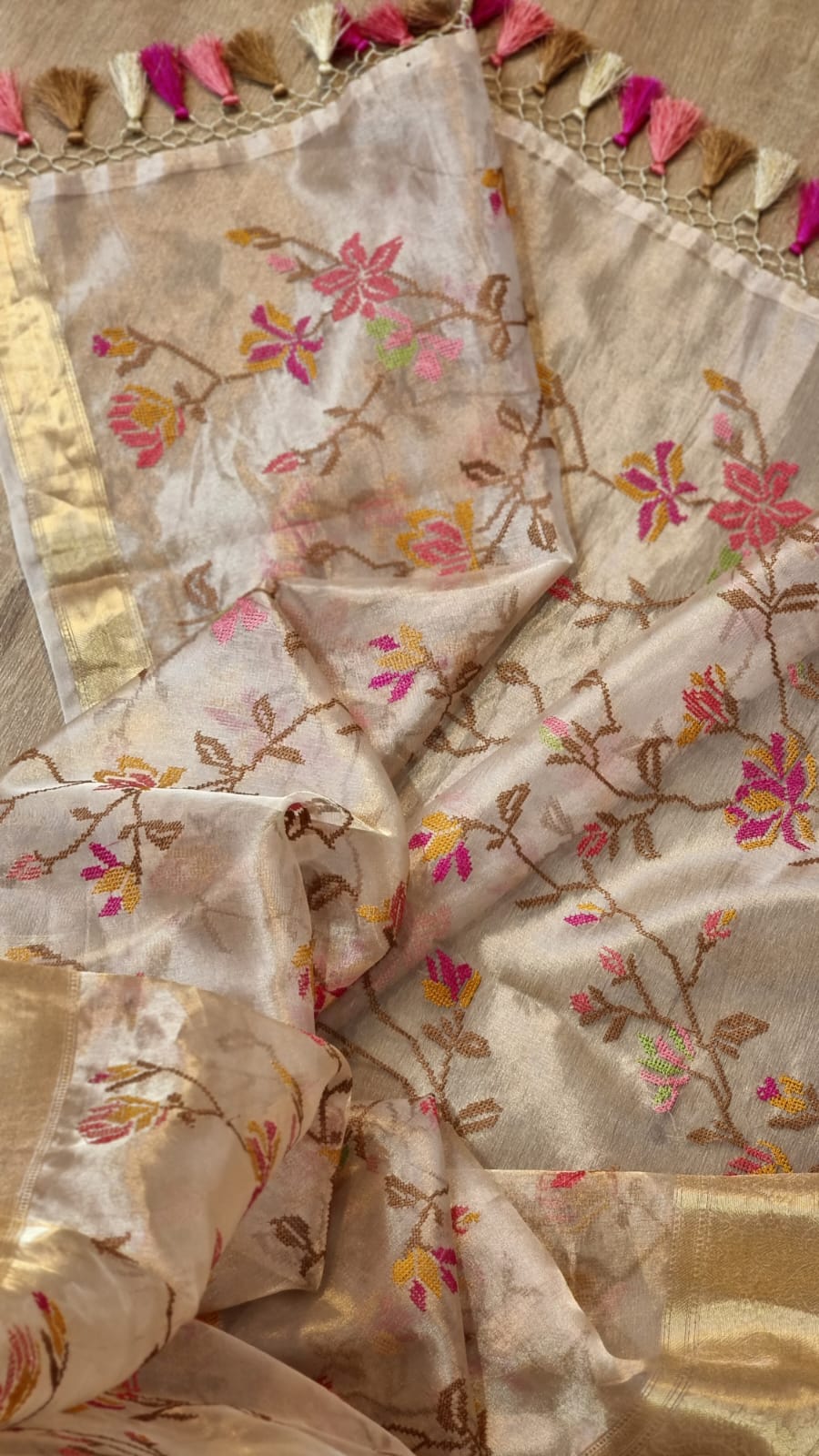 Embroidered tissue silk organza sari - Saffronfashionindia
