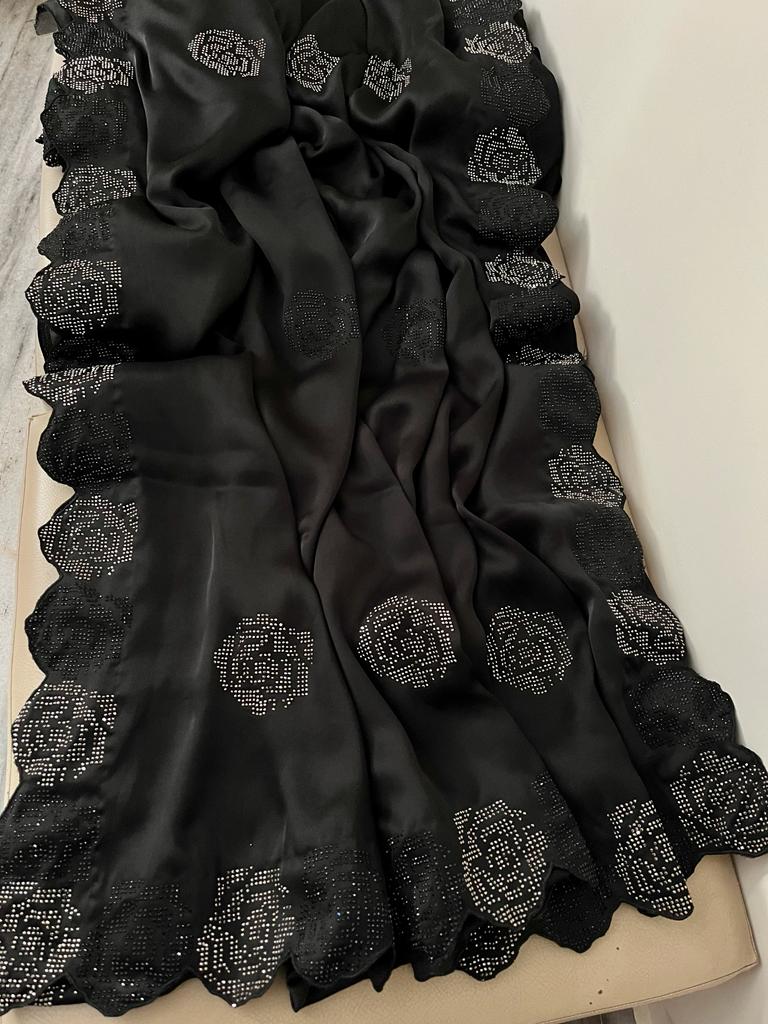 Rose inspired satin swarosvki sari - Saffronfashionindia