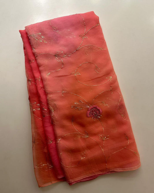 Pinkish peachy chiffon organza saris - Saffronfashionindia