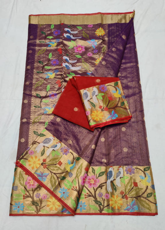 Wine inspired double tissue kota saree - Saffronfashionindia