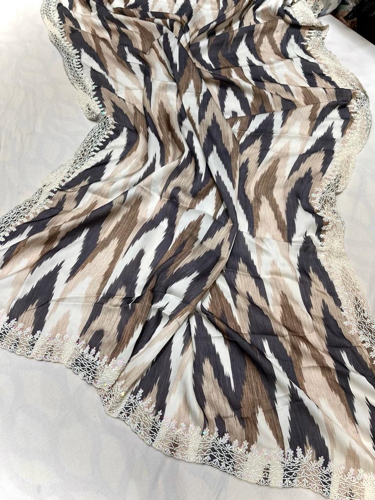 Nishani striped satin printed sarees - Saffronfashionindia