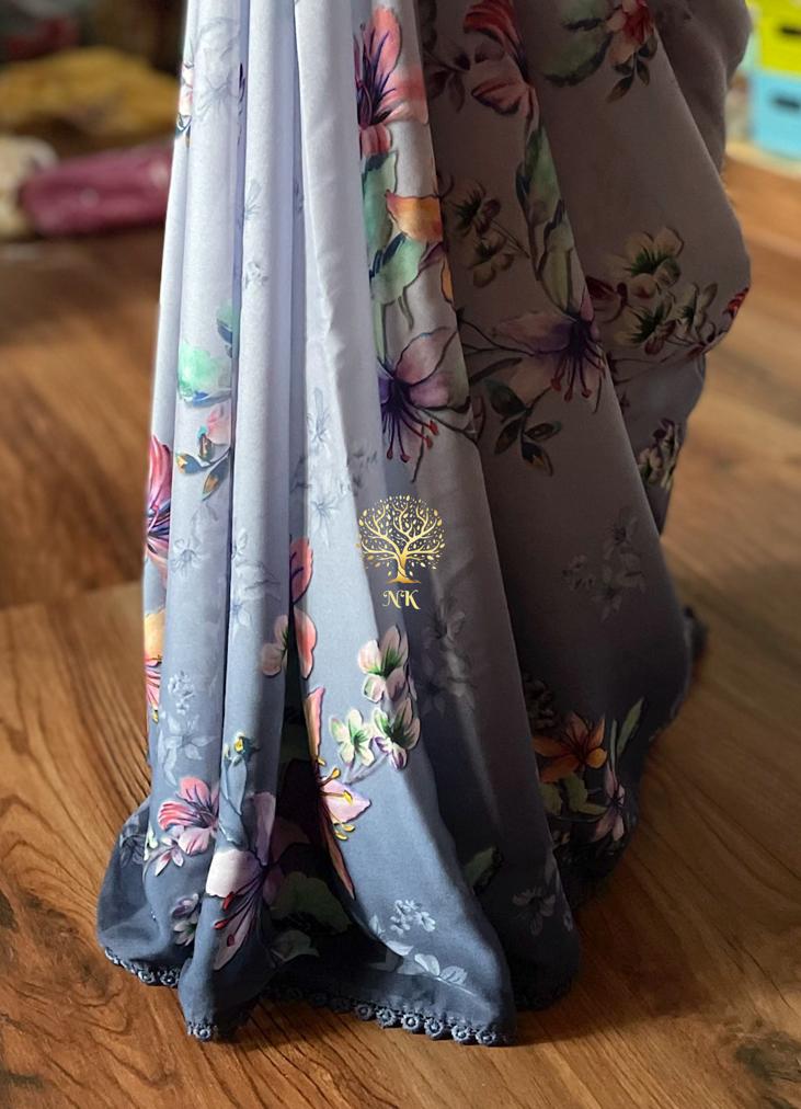 Floral crepe satin saree - Saffronfashionindia