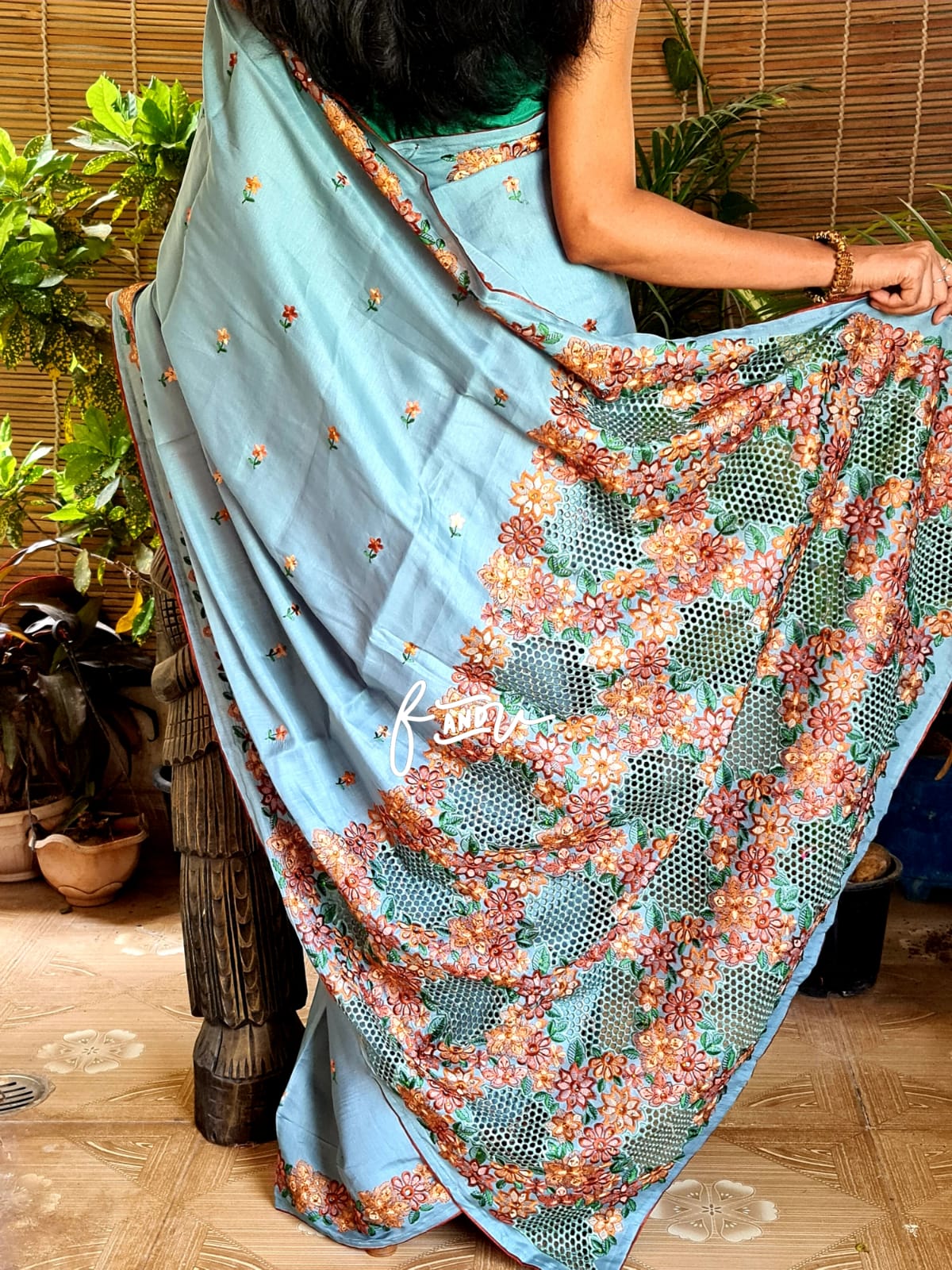 Cutwork inspired saree tussar silk sari - Saffronfashionindia