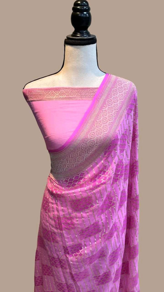 Pink Banarsi gorgette sari - Saffronfashionindia