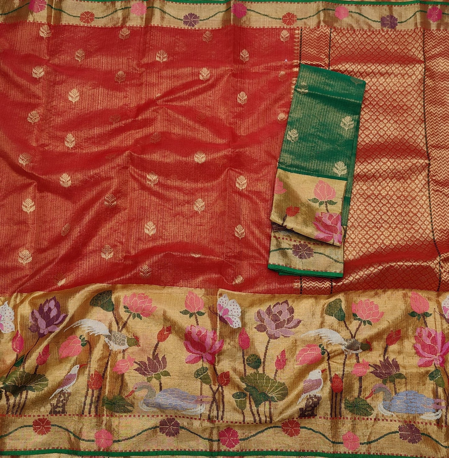 Red tissue zari kota Indian saree - Saffronfashionindia