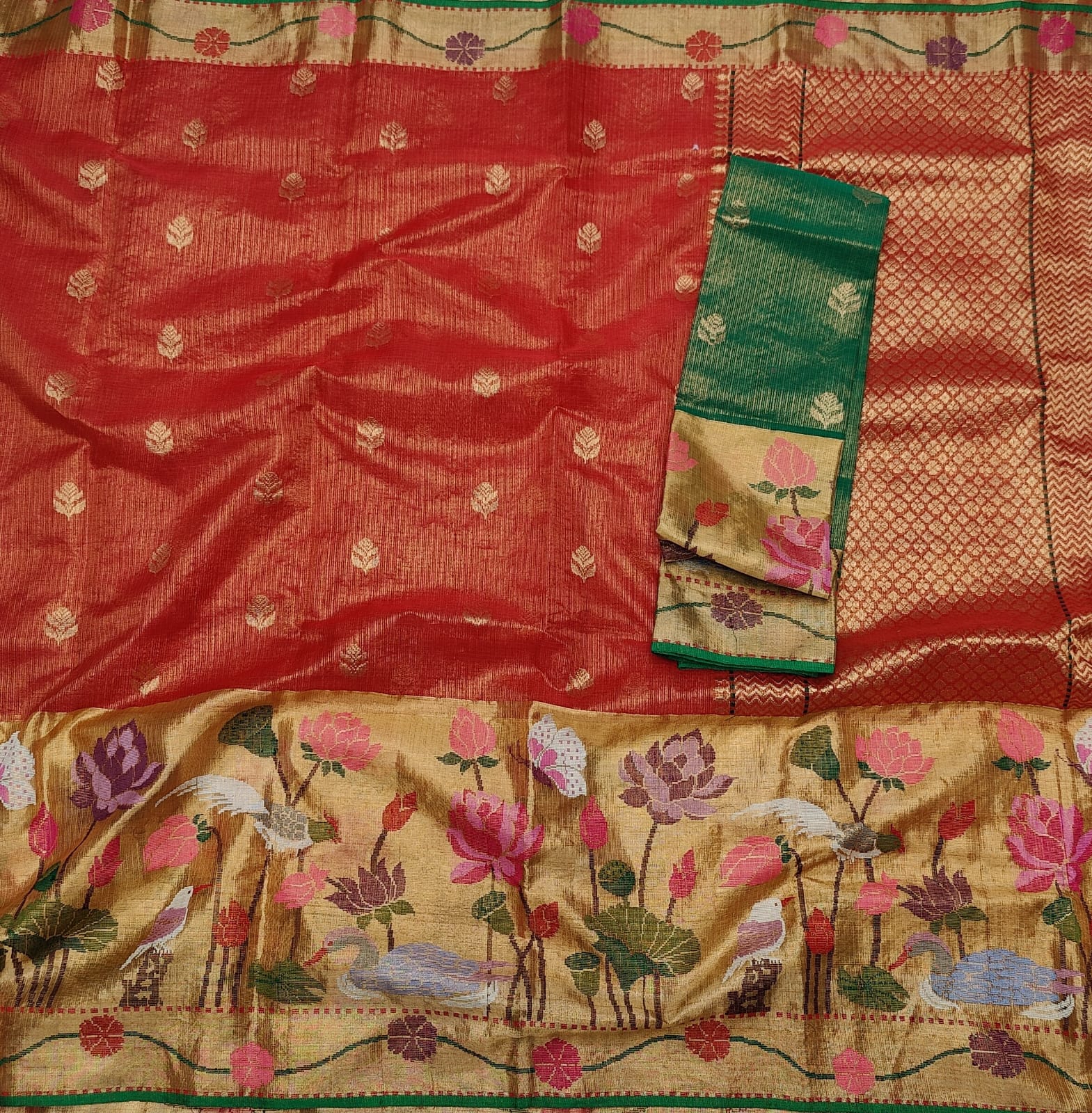 Red tissue zari kota Indian saree - Saffronfashionindia