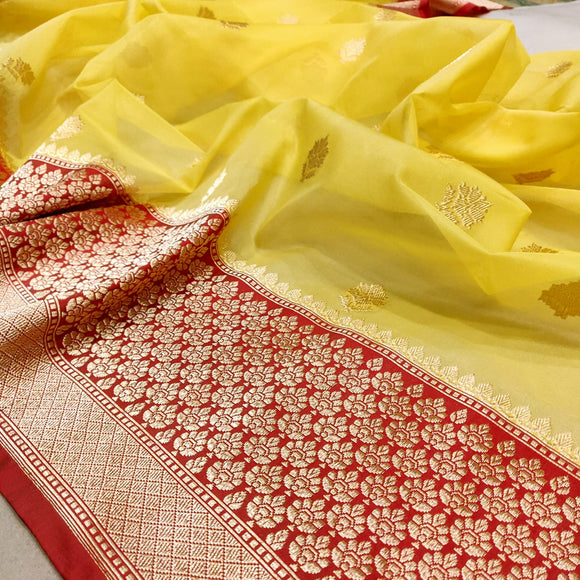 Yellow kora handwoven kadwa saree