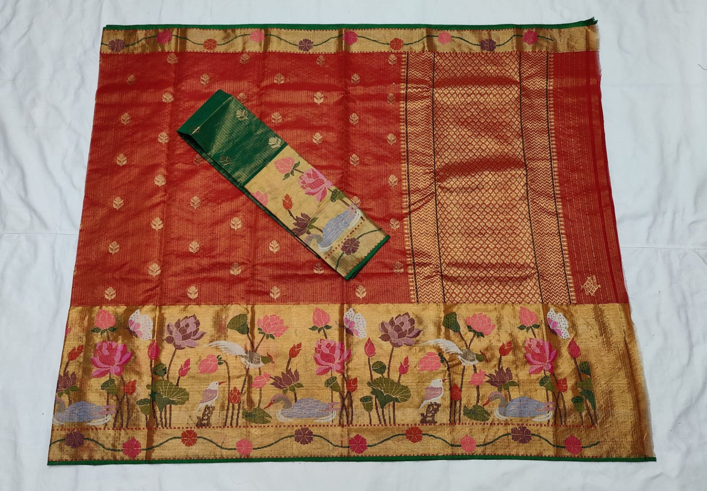 Red tissue zari kota Indian saree - Saffronfashionindia