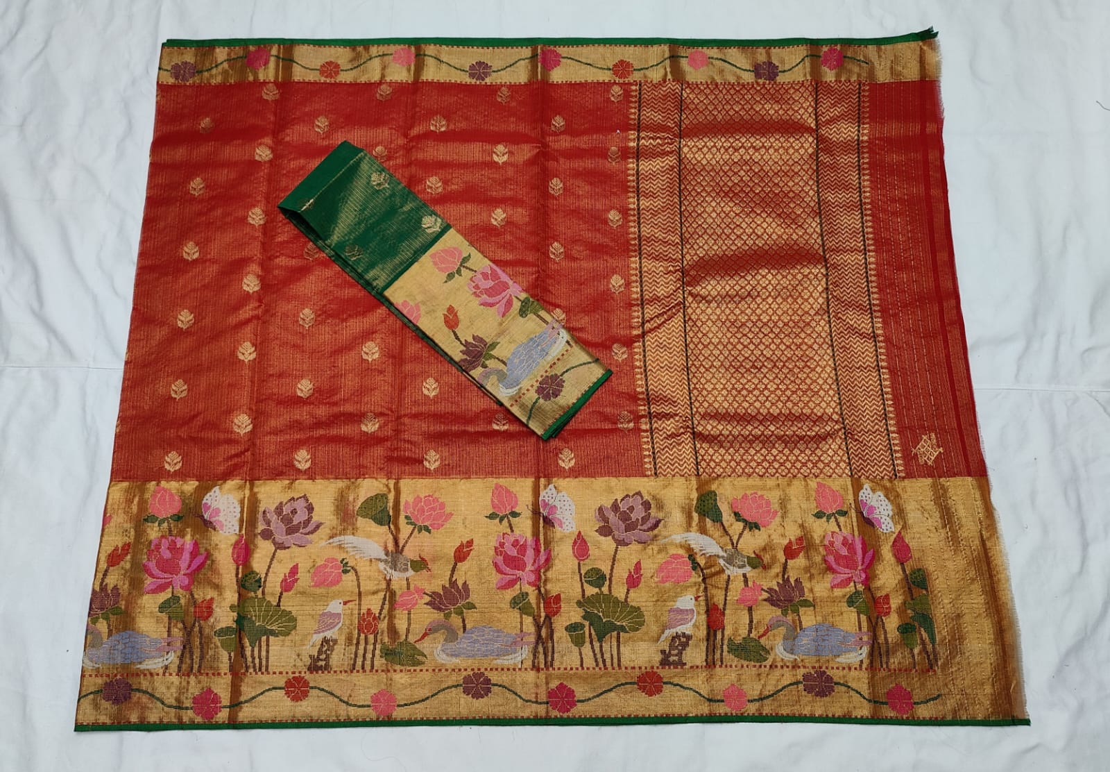 Red tissue zari kota Indian saree - Saffronfashionindia