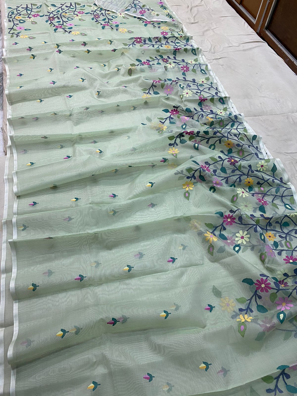 Mint tantuj jamdani sari - Saffronfashionindia