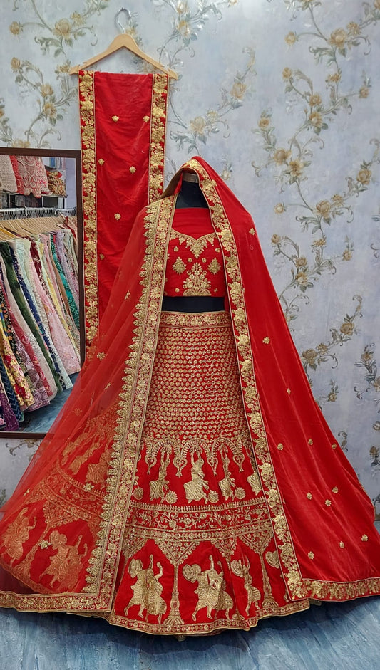 Red bridal velvet ethnic lehanga - Saffronfashionindia