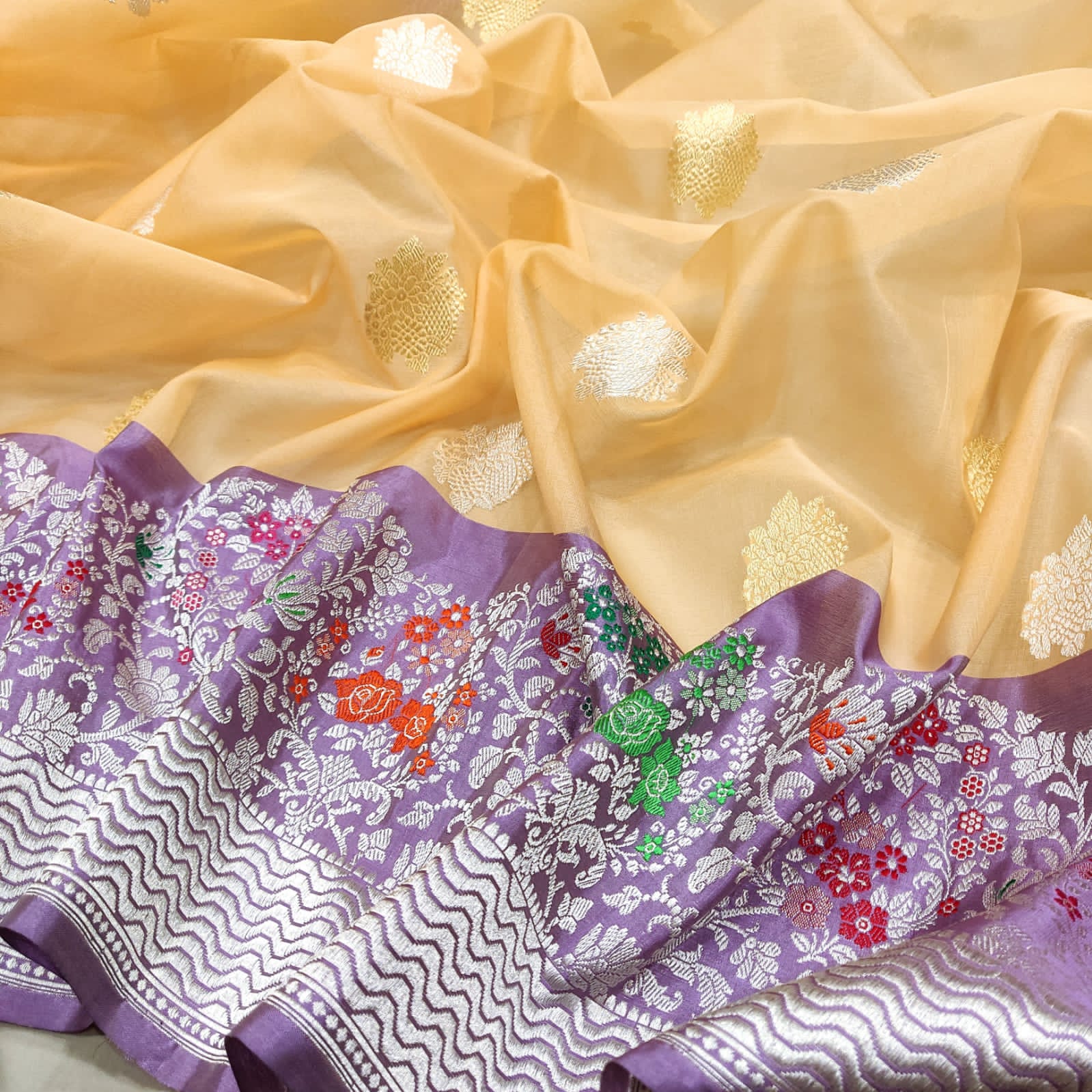 Rajwara handwoven kora Katan saree - Saffronfashionindia