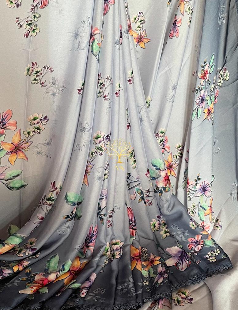 Floral crepe satin saree - Saffronfashionindia