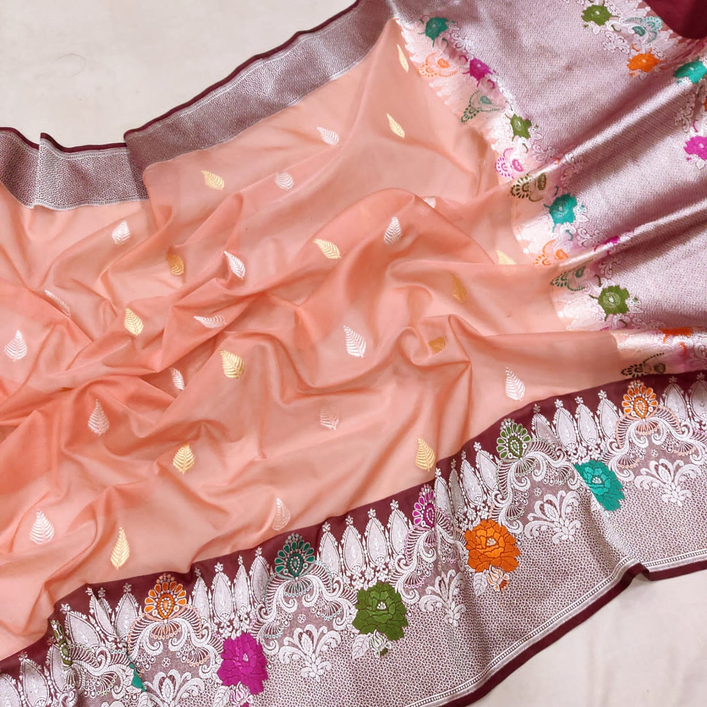 Peachy peach kora handwoven sarees - Saffronfashionindia