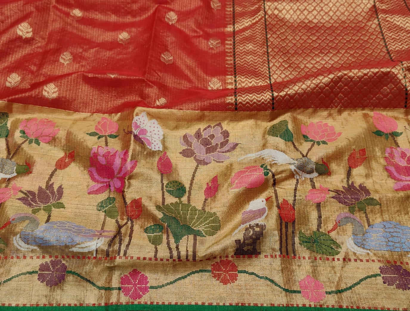 Red tissue zari kota Indian saree - Saffronfashionindia