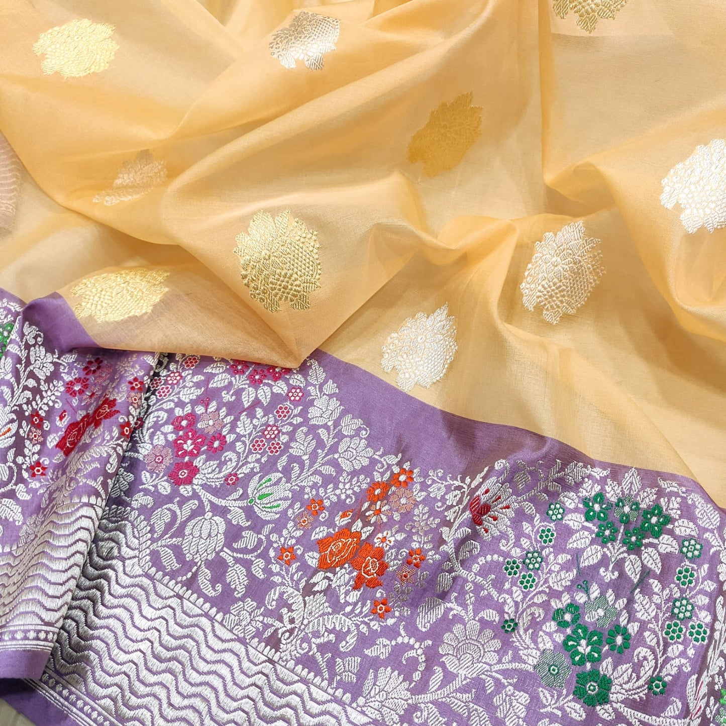 Rajwara handwoven kora Katan saree - Saffronfashionindia