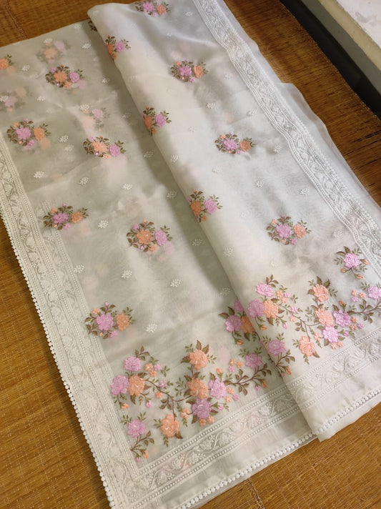 Minadaar organza silk saree women sari - Saffronfashionindia