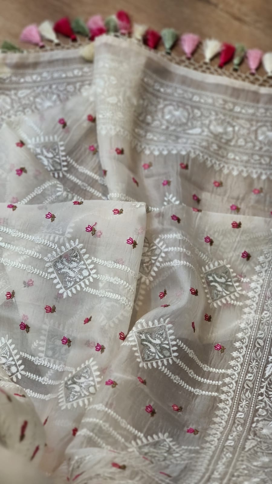 Embroidered white organza silk sarees - Saffronfashionindia