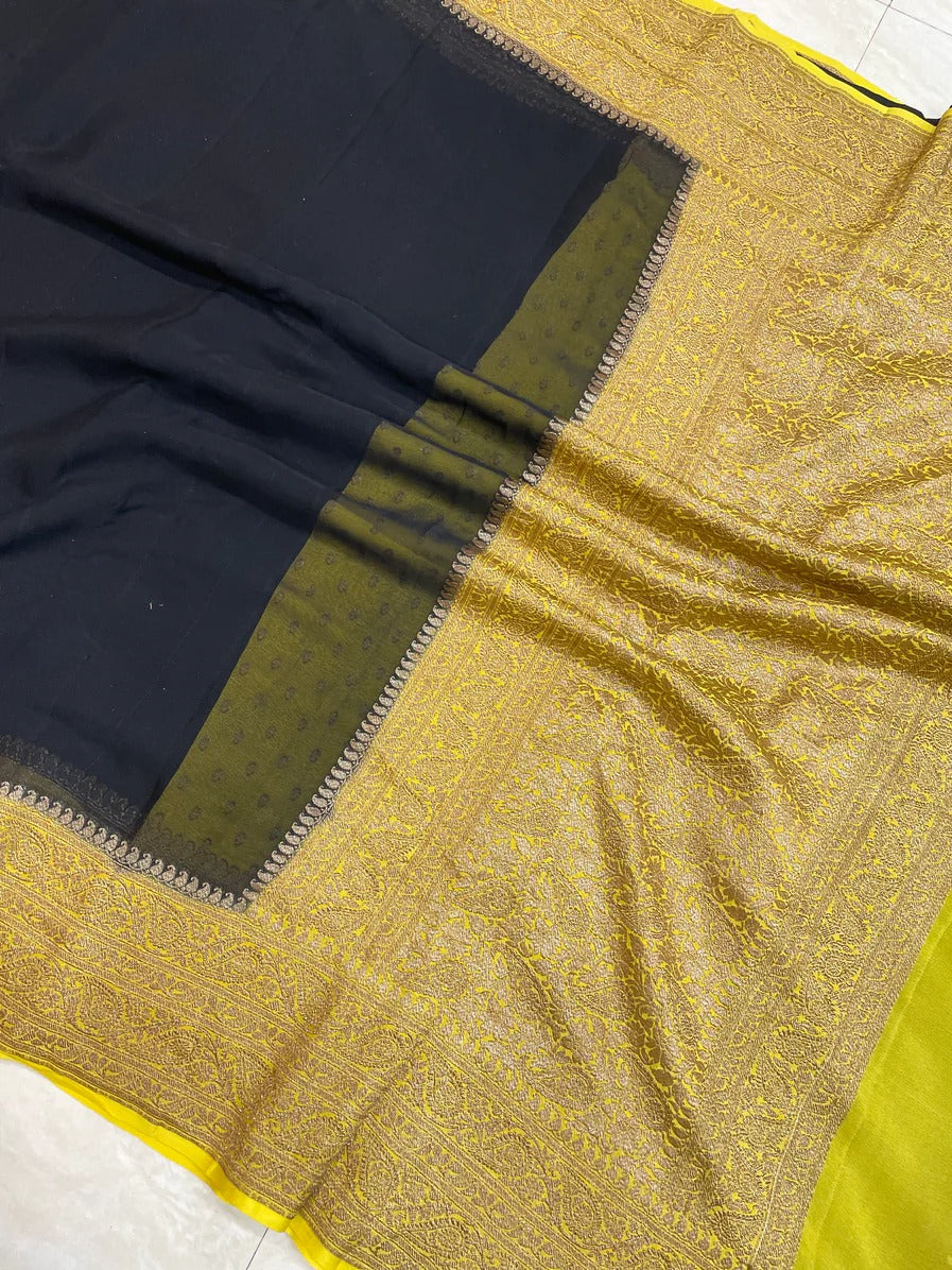 Antique zari black gorgette sarees - Saffronfashionindia