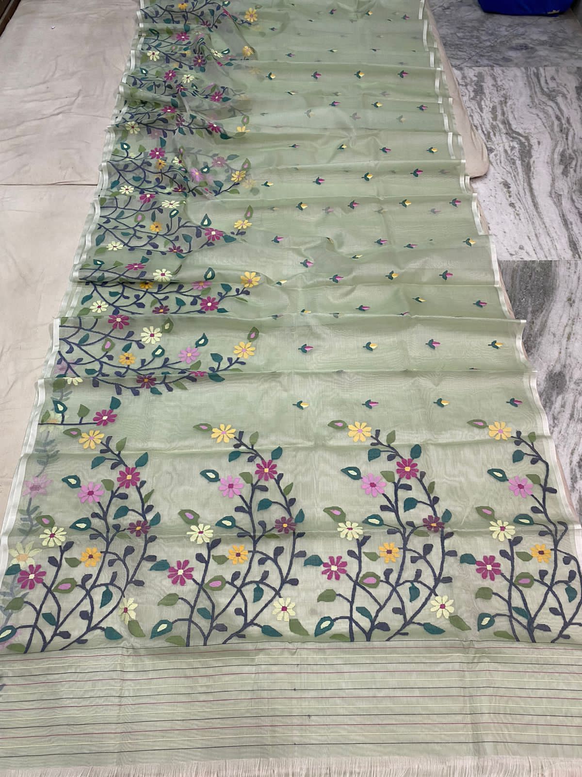 Mint tantuj jamdani sari - Saffronfashionindia