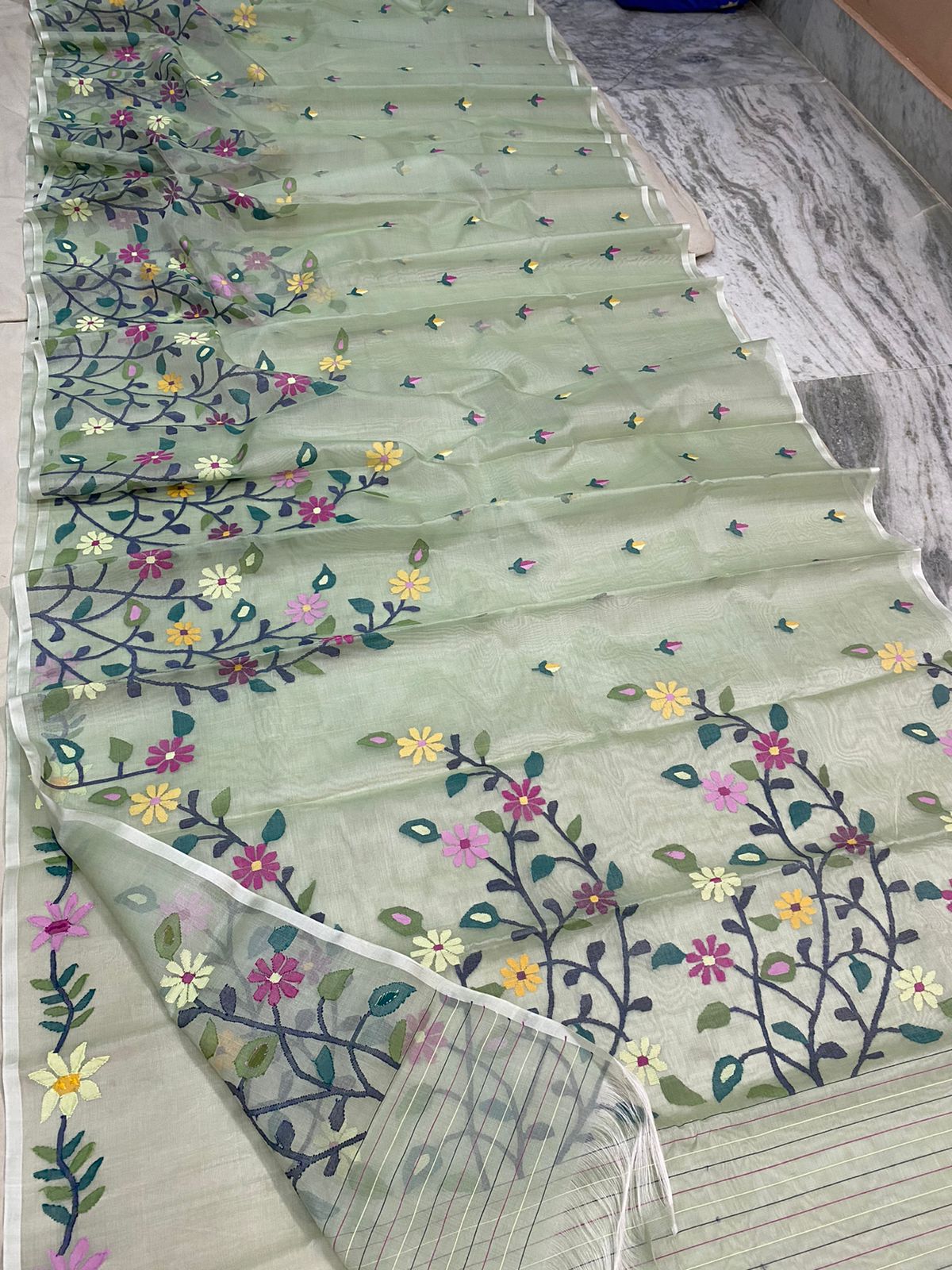 Mint tantuj jamdani sari - Saffronfashionindia