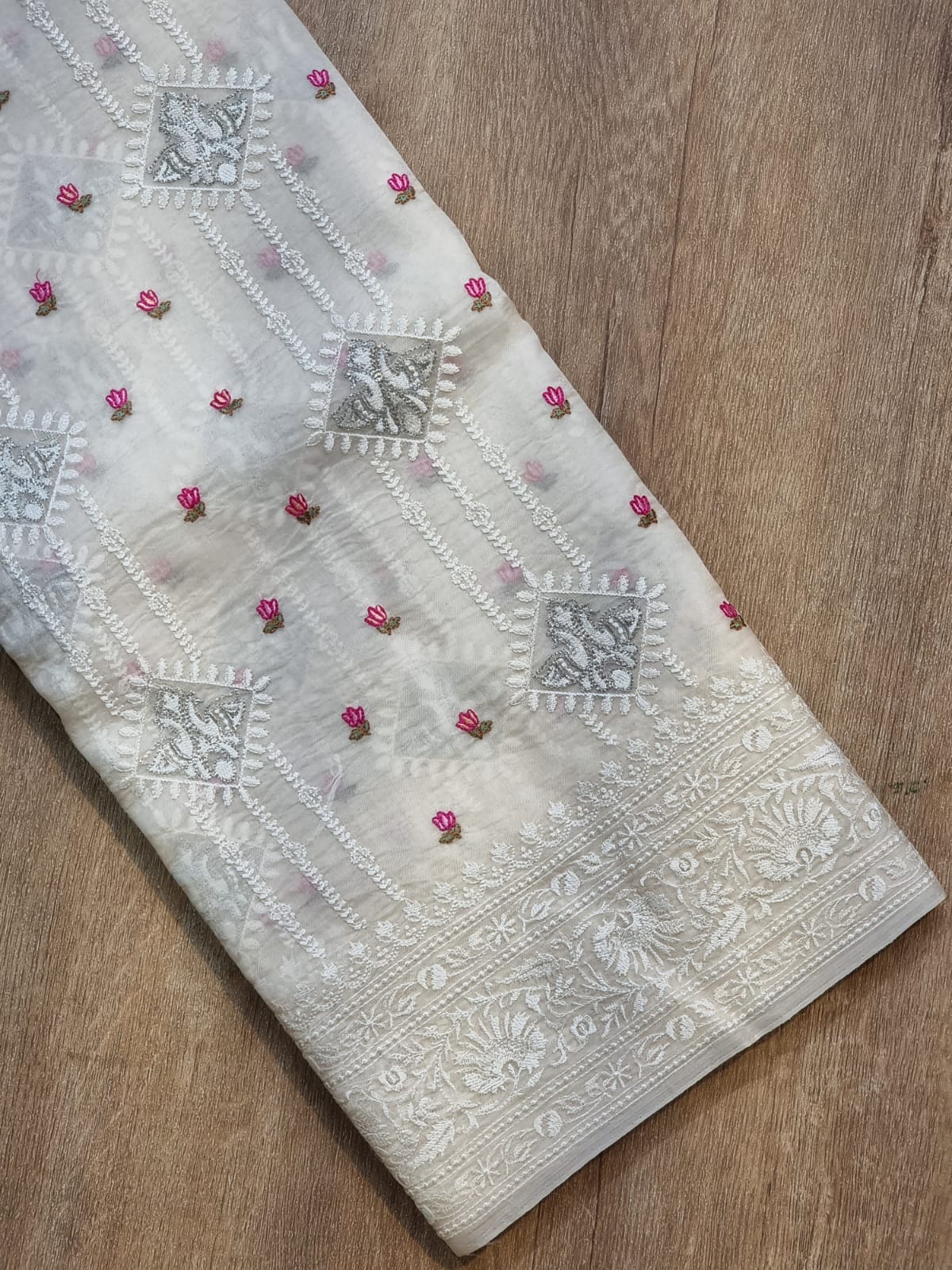 Embroidered white organza silk sarees - Saffronfashionindia
