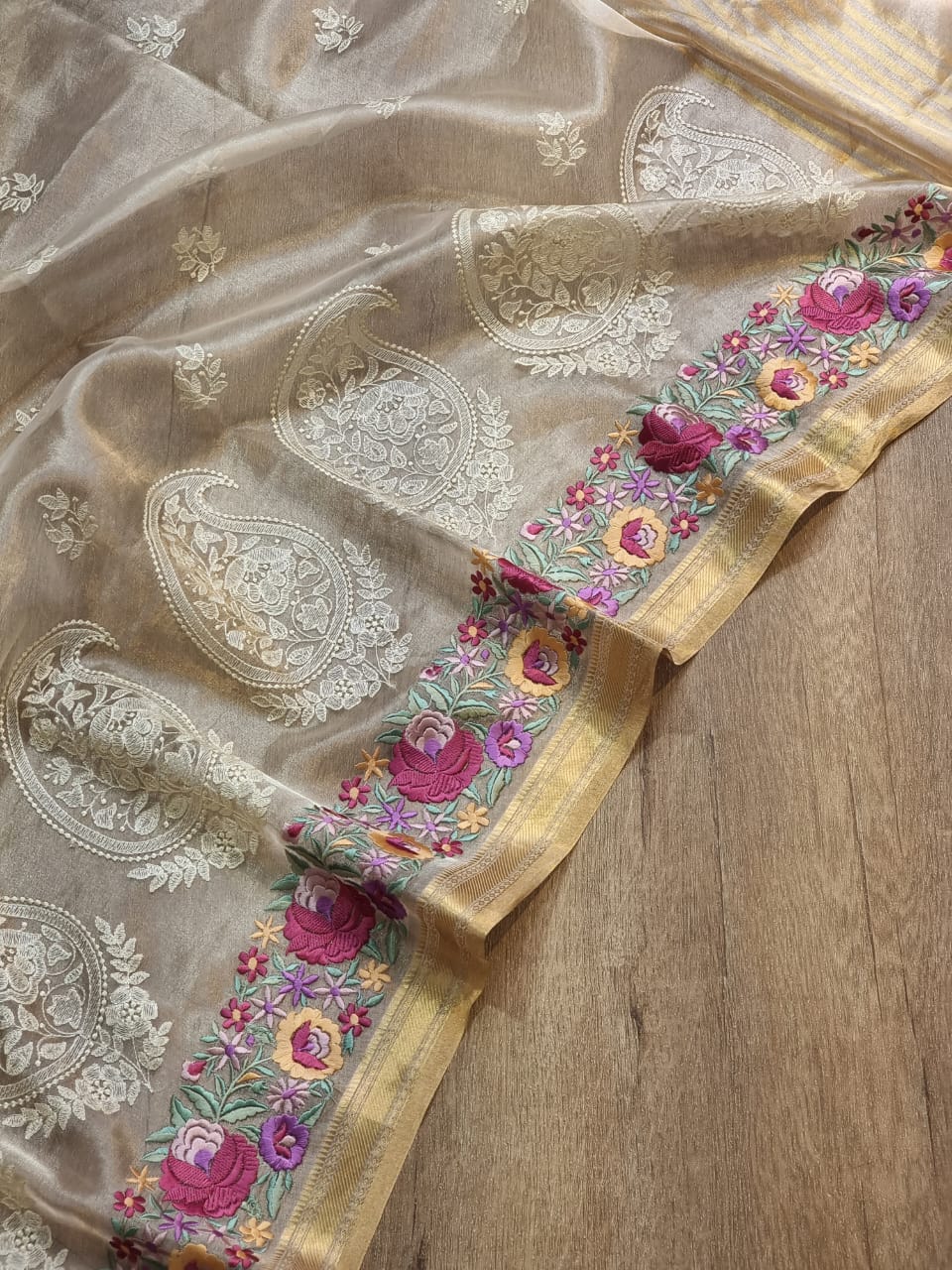 Humraaz tissue silk sari SaffronFashion