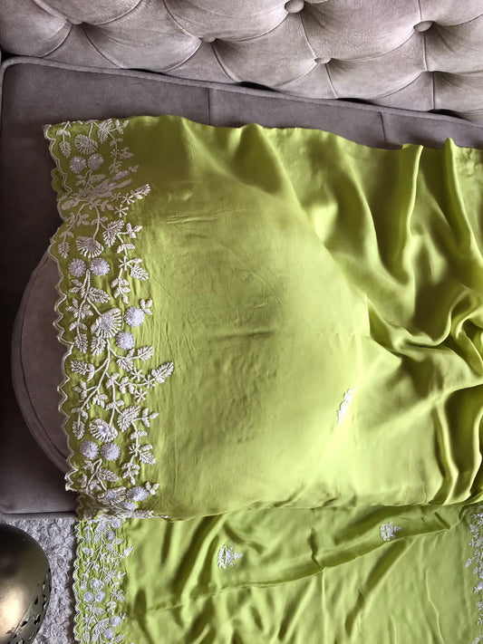 Limegreen sequins pearl sarees - Saffronfashionindia