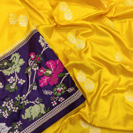 Yellow Katan handwoven zari saree - Saffronfashionindia