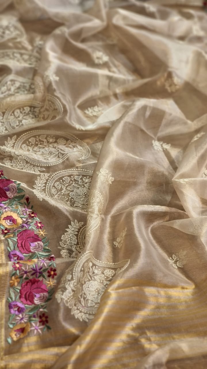 Humraaz tissue silk sari SaffronFashion