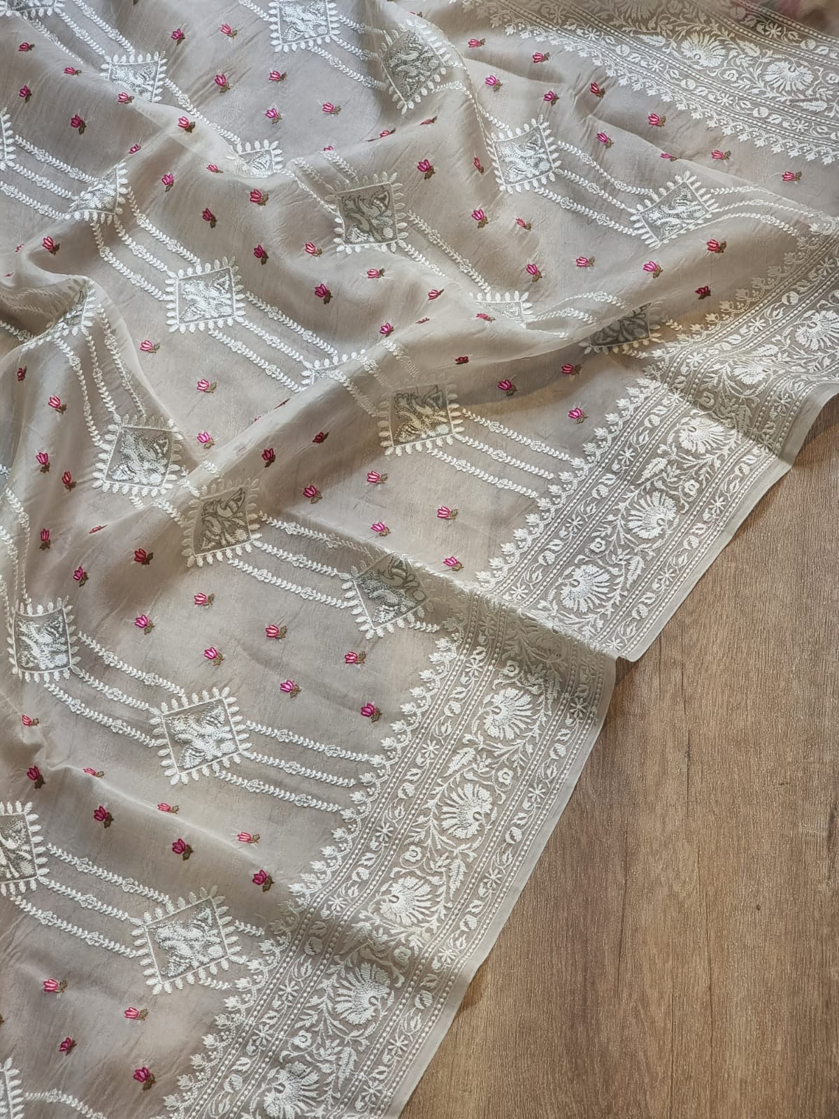 Embroidered white organza silk sarees - Saffronfashionindia