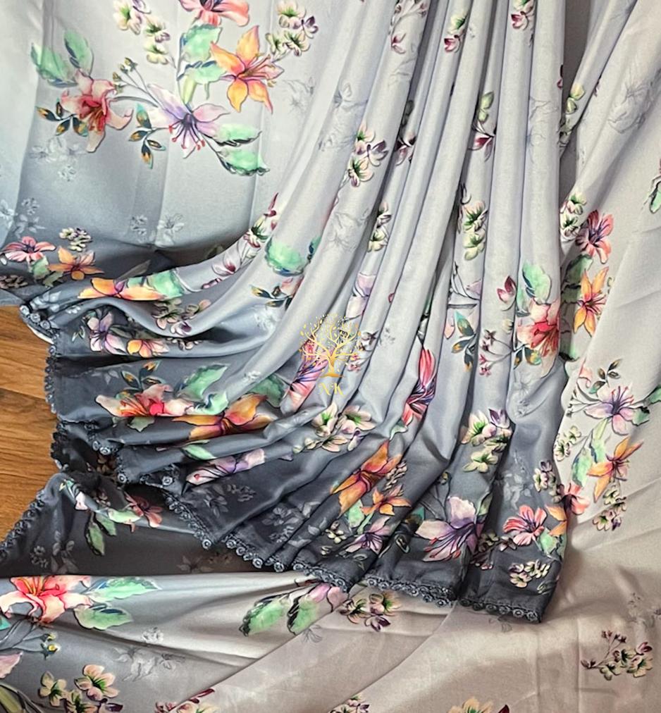 Floral crepe satin saree - Saffronfashionindia