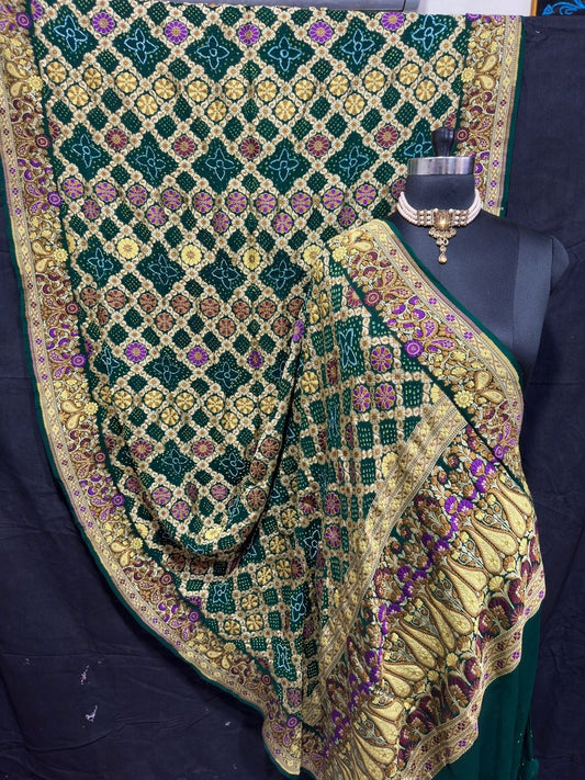 Bandhani blossom Meenakari gorgette saree - Saffronfashionindia
