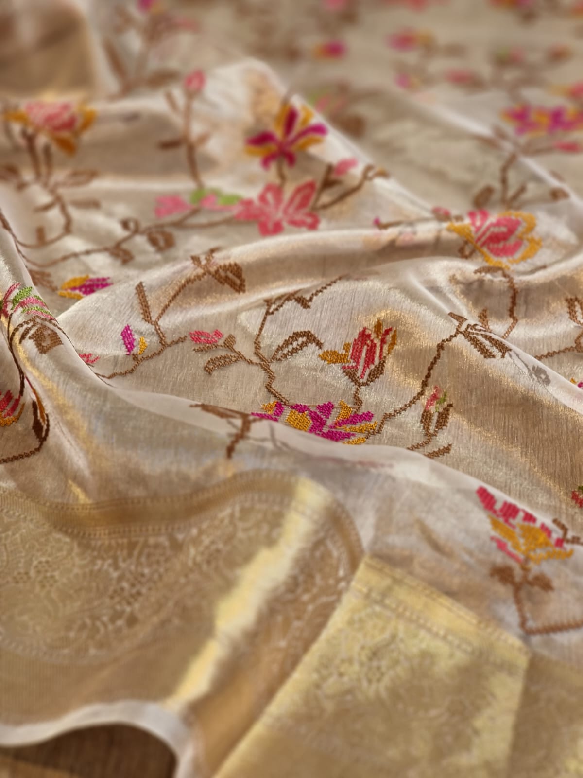 Embroidered tissue silk organza sari - Saffronfashionindia