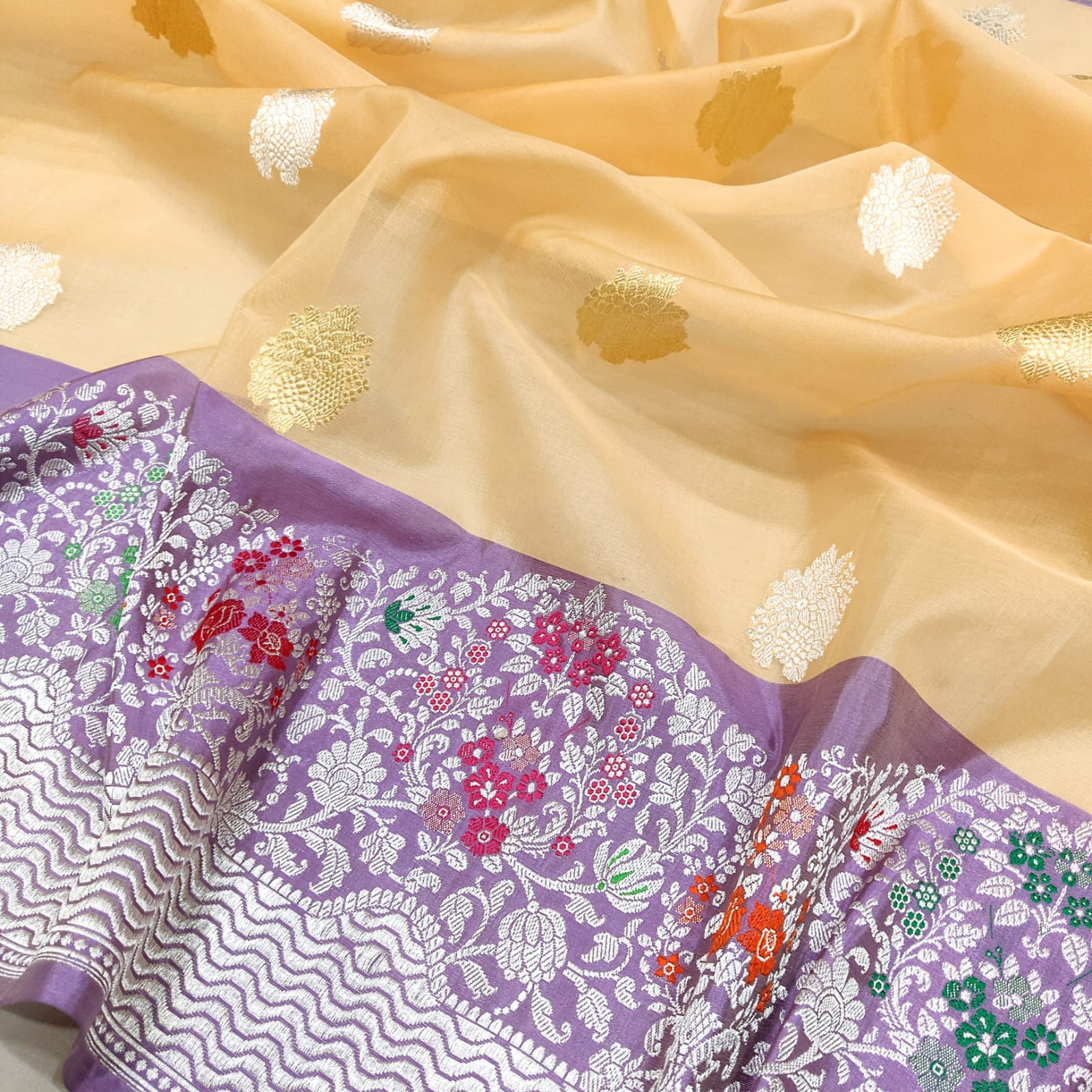 Rajwara handwoven kora Katan saree - Saffronfashionindia