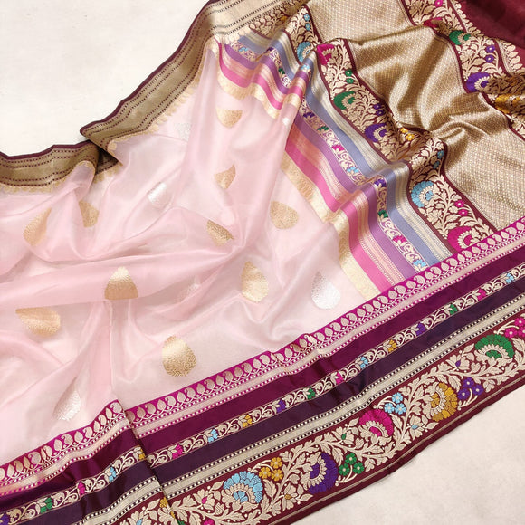 Pinkly handwoven kora saree