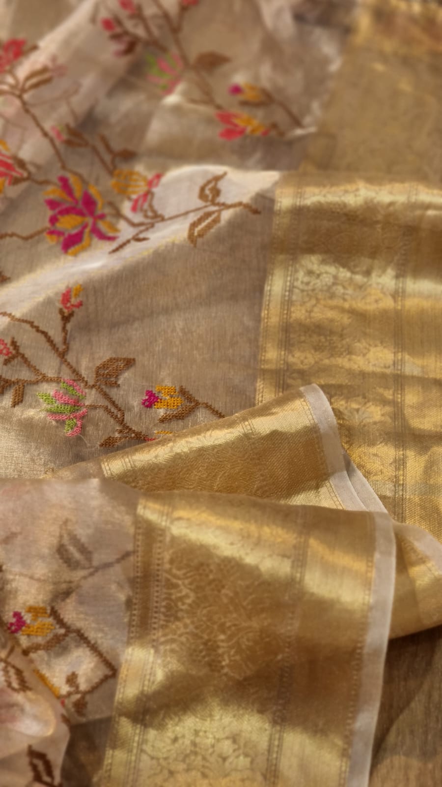 Embroidered tissue silk organza sari - Saffronfashionindia