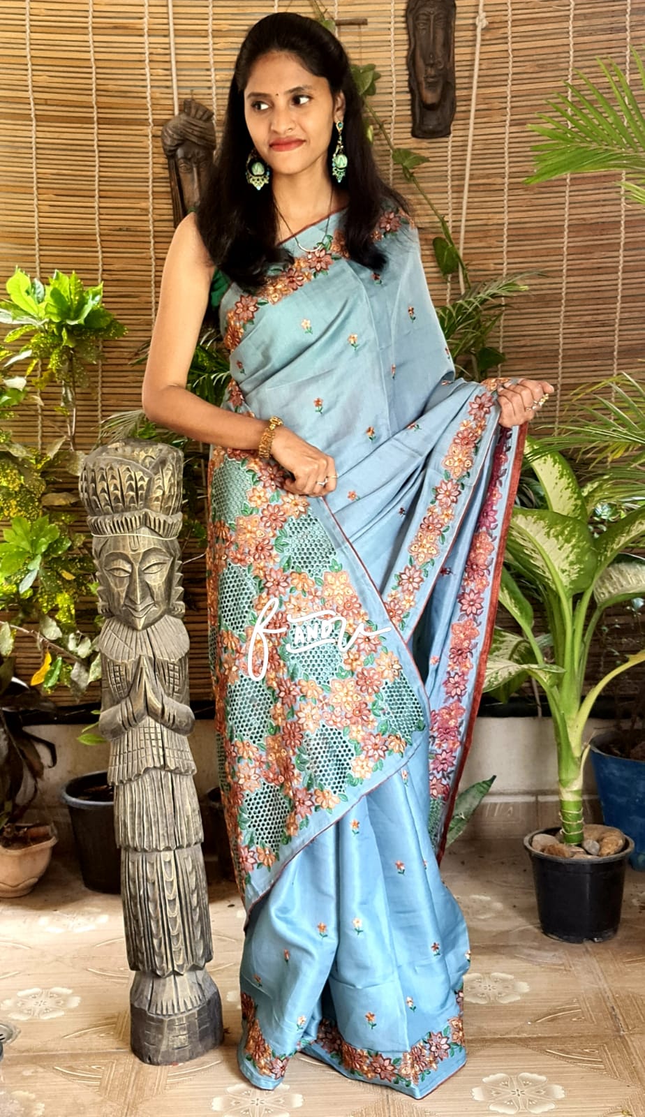 Cutwork inspired saree tussar silk sari - Saffronfashionindia