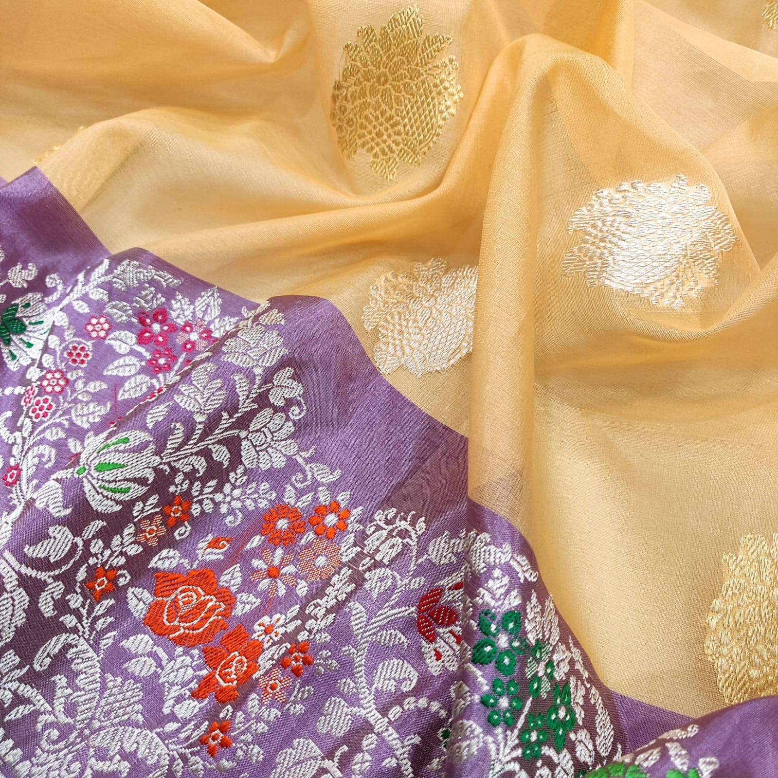 Rajwara handwoven kora Katan saree - Saffronfashionindia