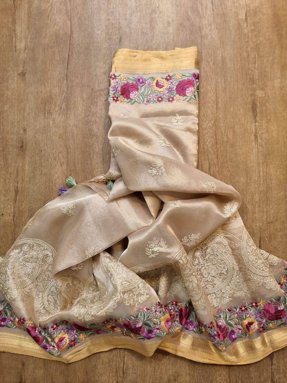 Humraaz tissue silk sari SaffronFashion