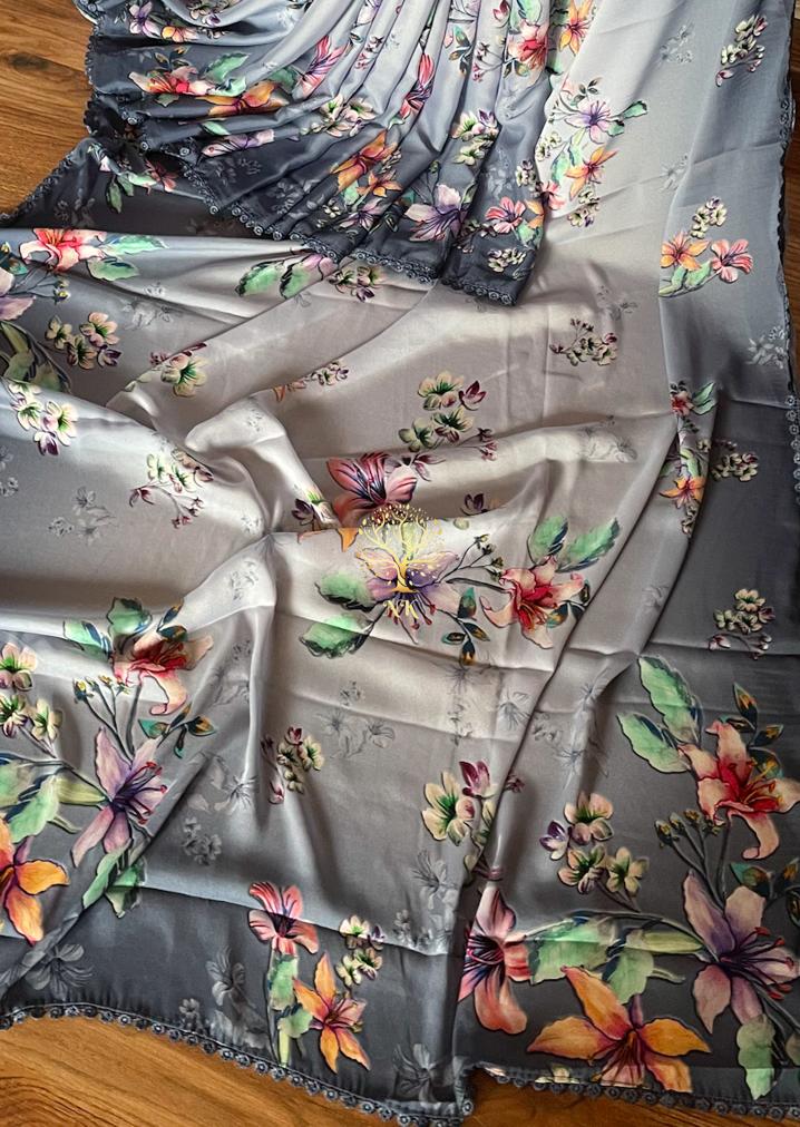 Floral crepe satin saree - Saffronfashionindia