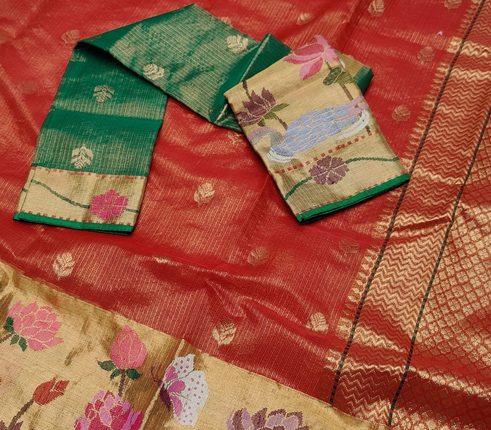 Red tissue zari kota Indian saree - Saffronfashionindia