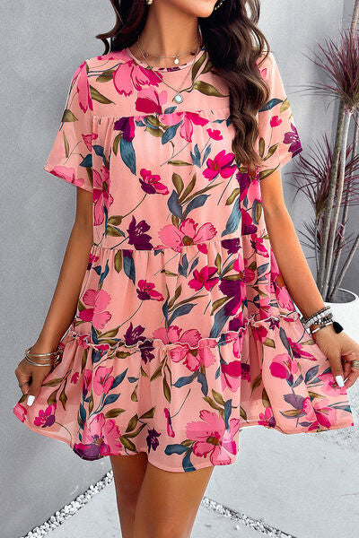 Printed Tiered Round Neck Mini Dress - Saffronfashionindia