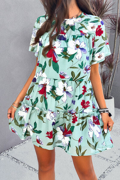 Printed Tiered Round Neck Mini Dress - Saffronfashionindia