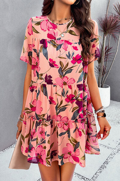 Printed Tiered Round Neck Mini Dress - Saffronfashionindia