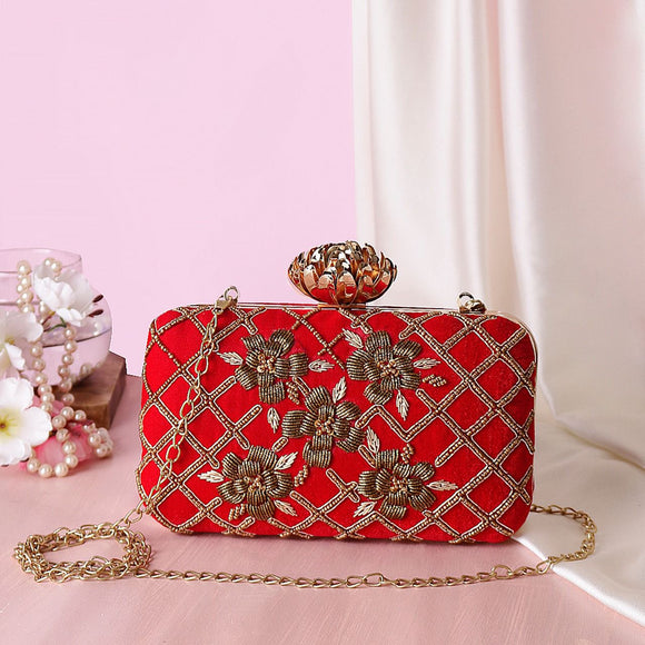 Red hot embroidered clutch